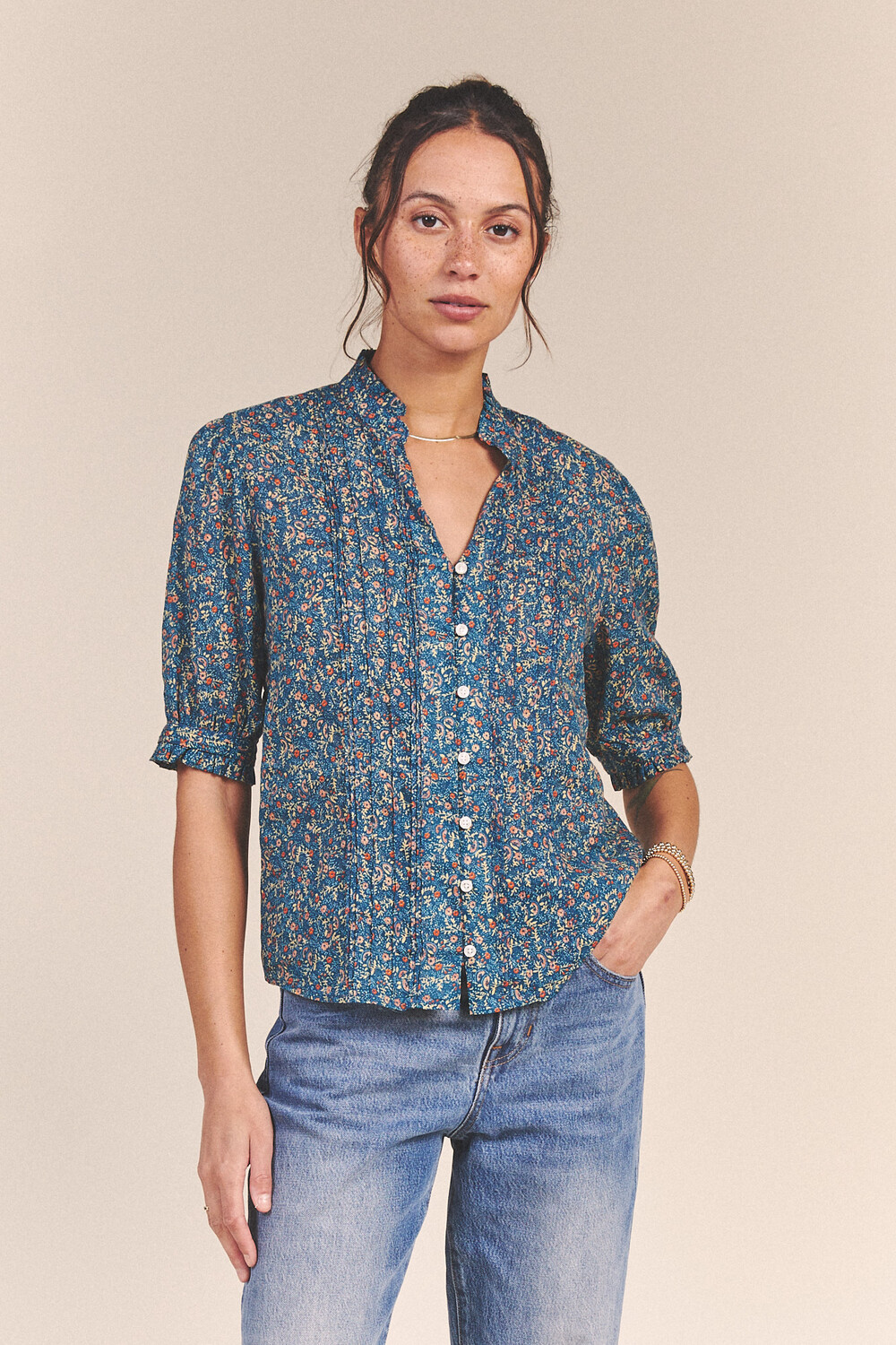 Trovata Eloise Pintuck Blouse in Pacific Ditsy