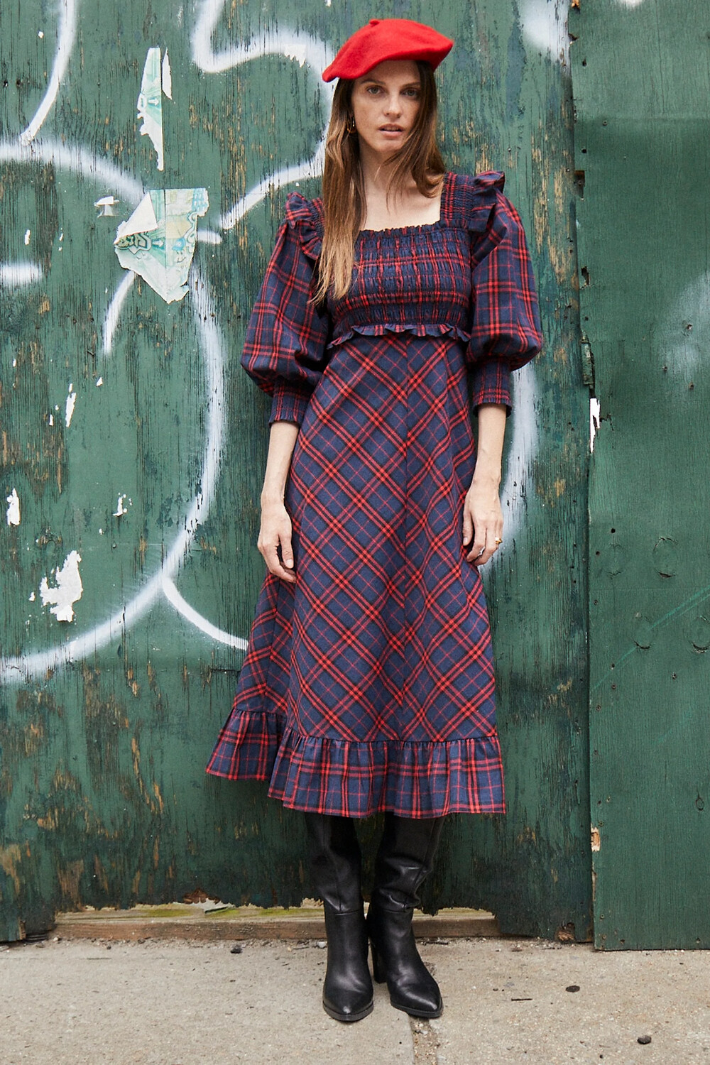 Hunter Bell Annie Dress in Navy & Red Plaid