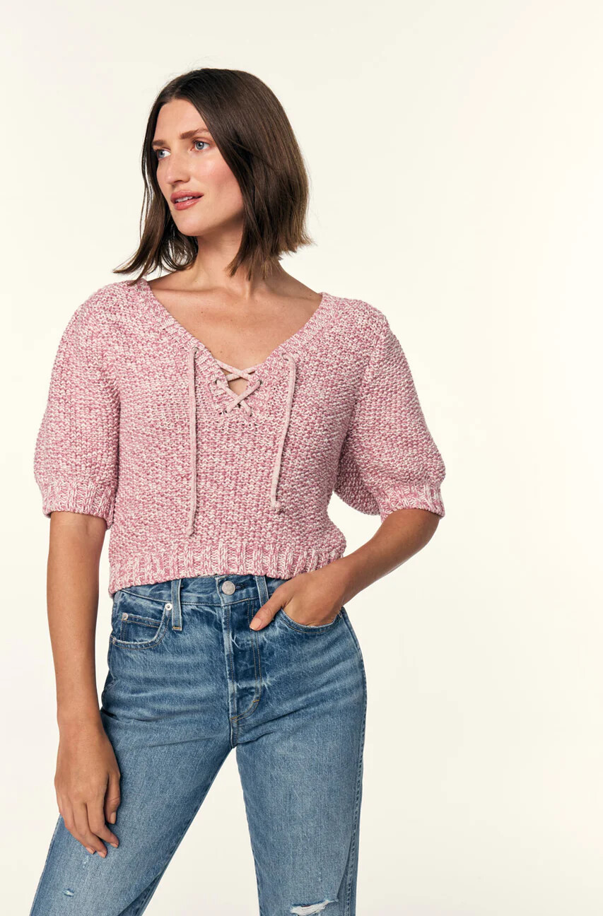 AMO Aviva Short Sleeve Sweater in Natural/ Pink