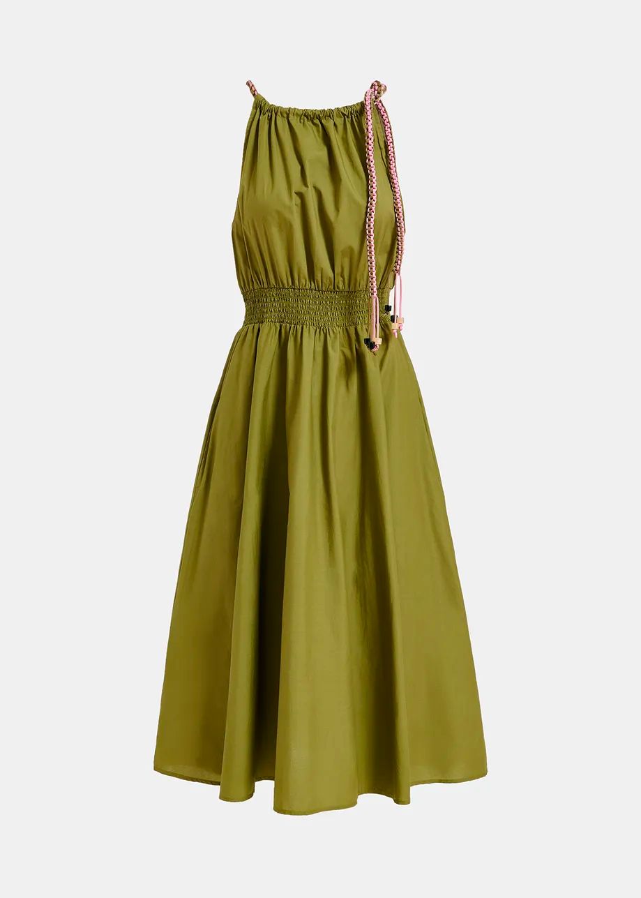 Essentiel Fergie Smocked Halter Dress in Olive Martini