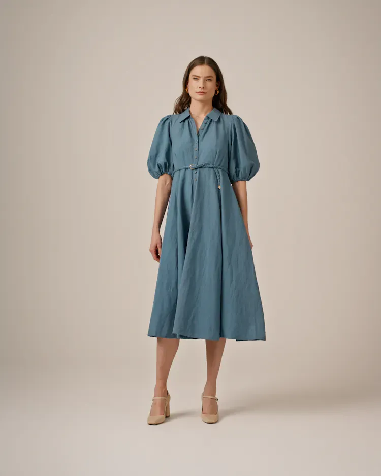 Bytimo Linen Button Down Dress in Ocean Blue