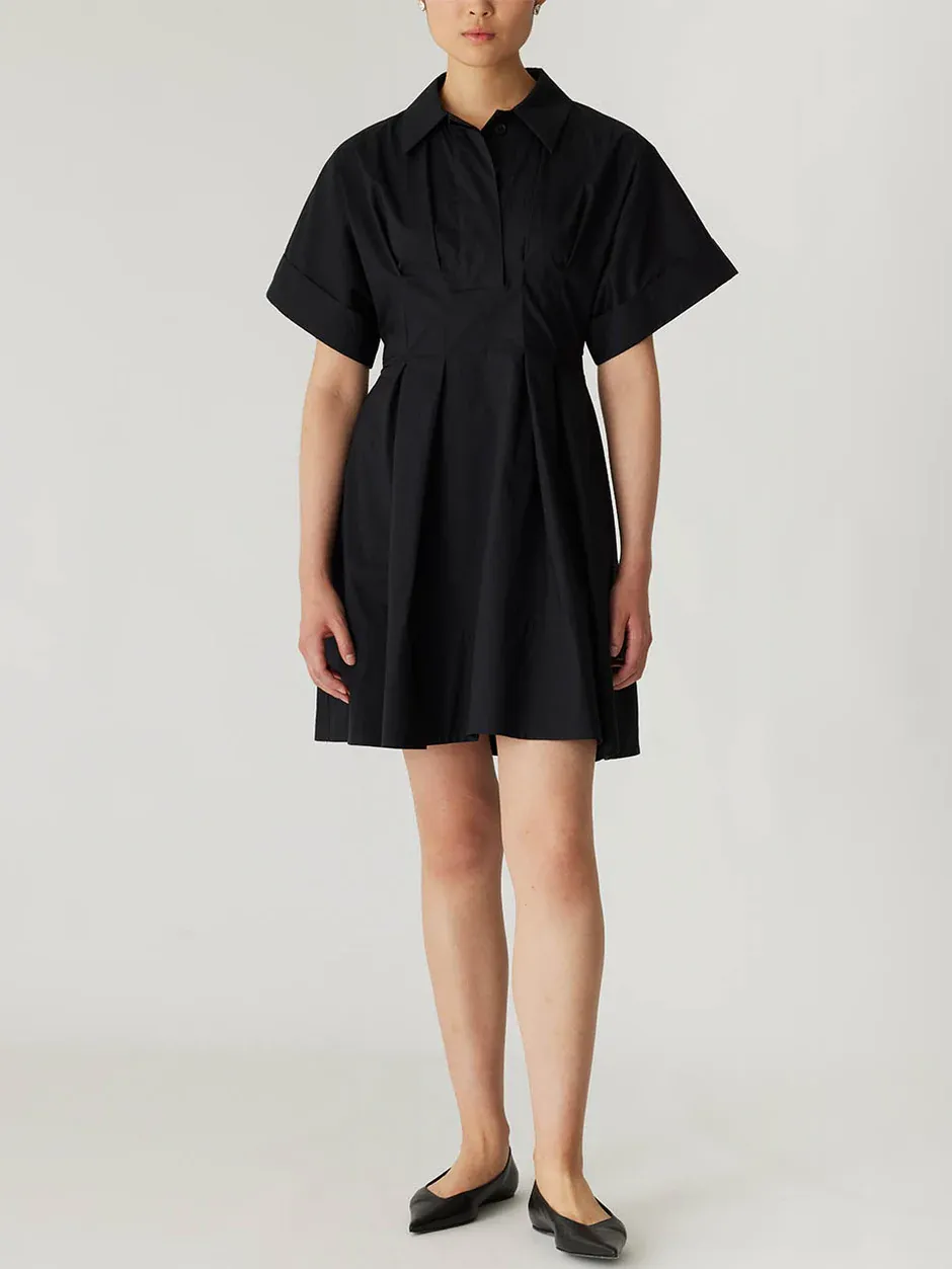 Rebecca Taylor Silky Poplin Waisted Shirt Dress in Black