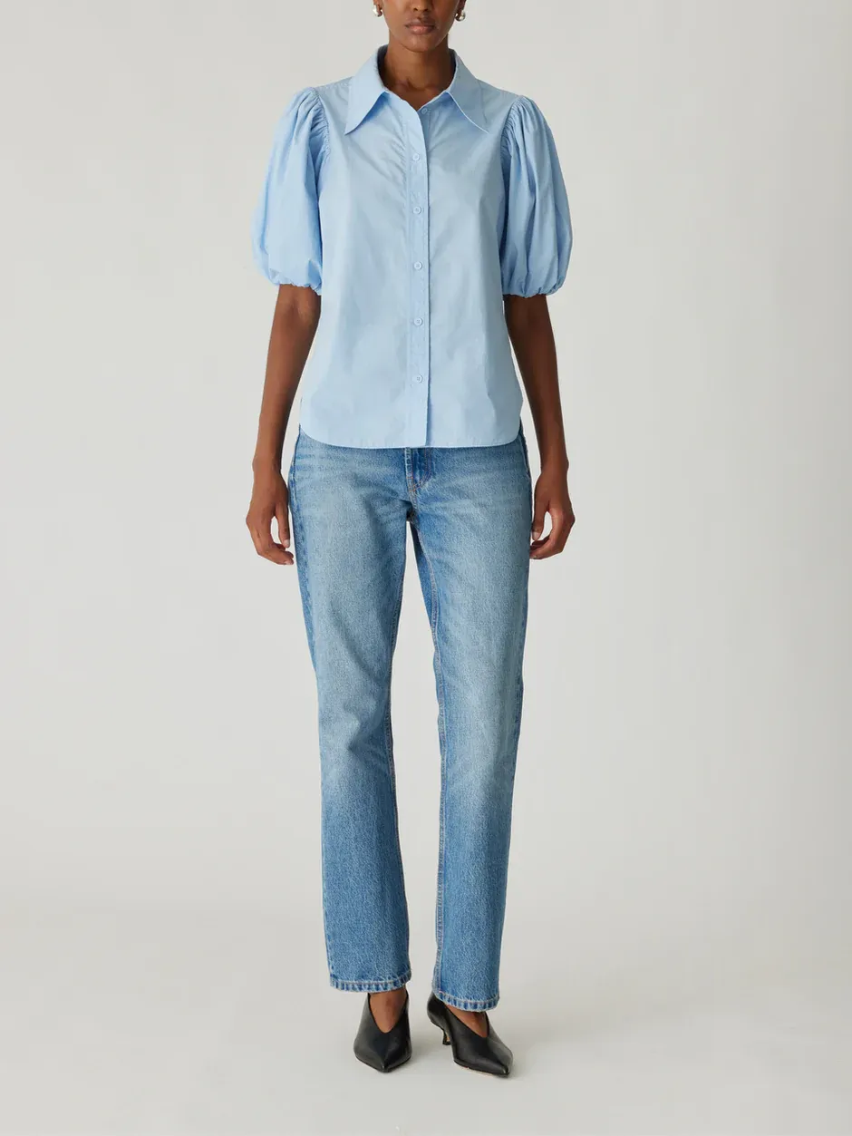 Rebecca Taylor Puff Sleeve Button Down Shirt in French Blue