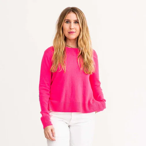 Kerri Rosenthal Patchwork Pullover Sweater in Neon Pink