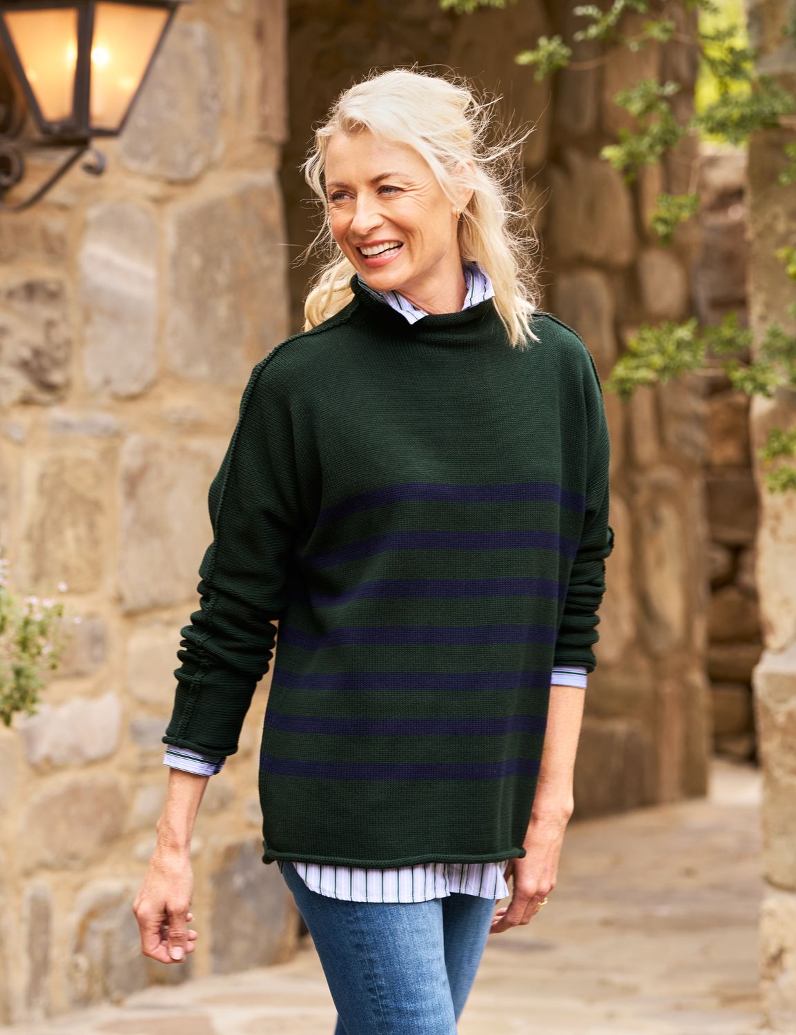 Frank &amp; Eileen Monterey Sweater in Green w/ Navy Stripe