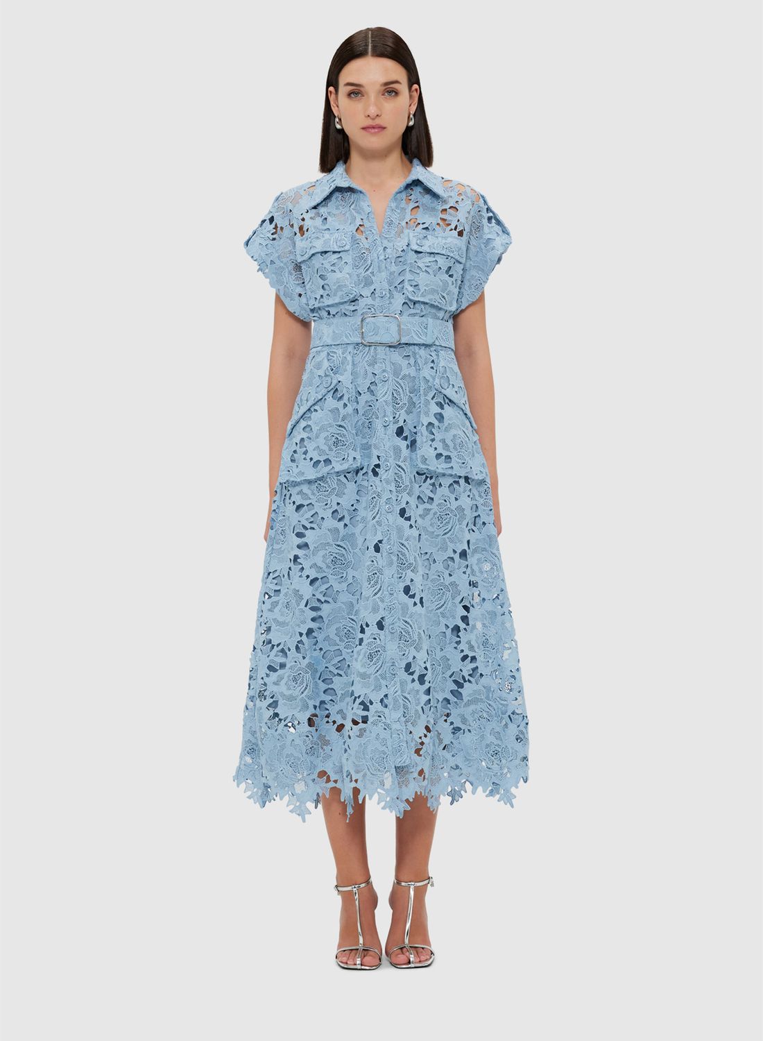 Leo Lin Audrey Lace Pocket Shirt Midi Dress in Powder Blue
