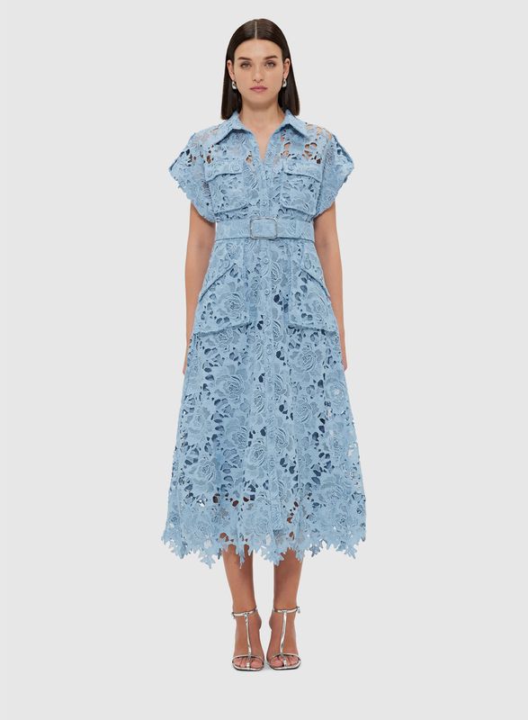 Leo Lin Audrey Lace Pocket Shirt Midi Dress in Powder Blue
