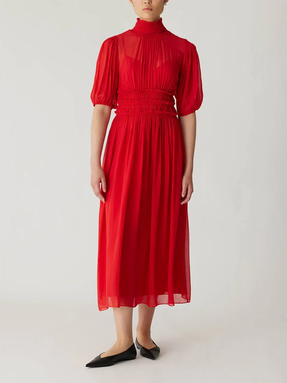 Rebecca Taylor Viscose Chiffon Smocked Waist Dress in Red Lip