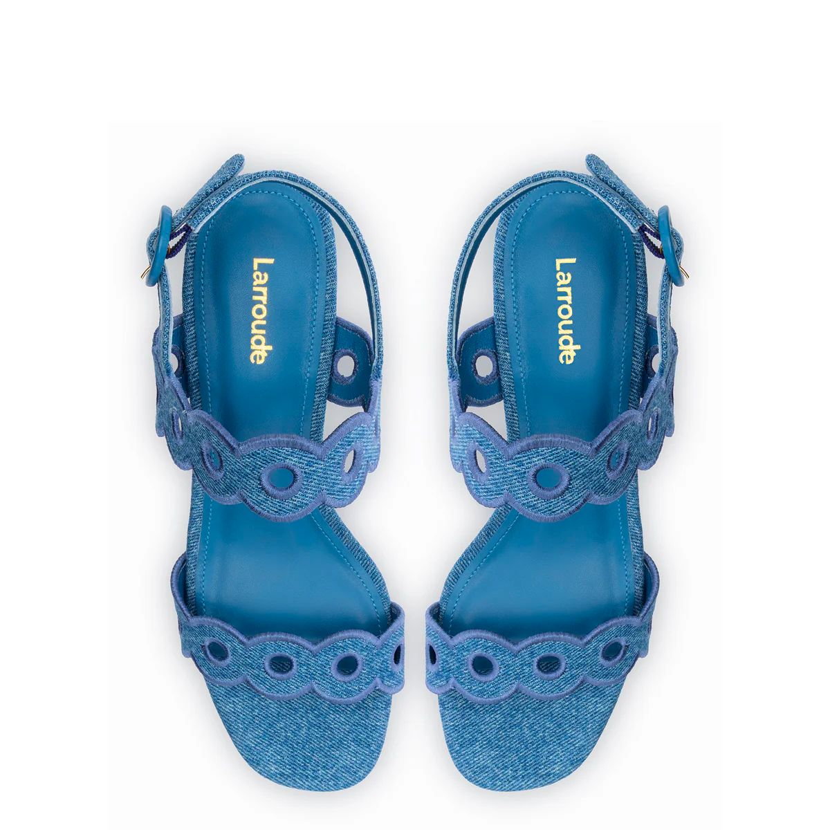 Larroude Florence Broderie Sandal in Blue Denim