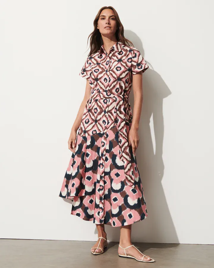 Figue Jenny Dress in Painterly Diamond Ikat Chalk