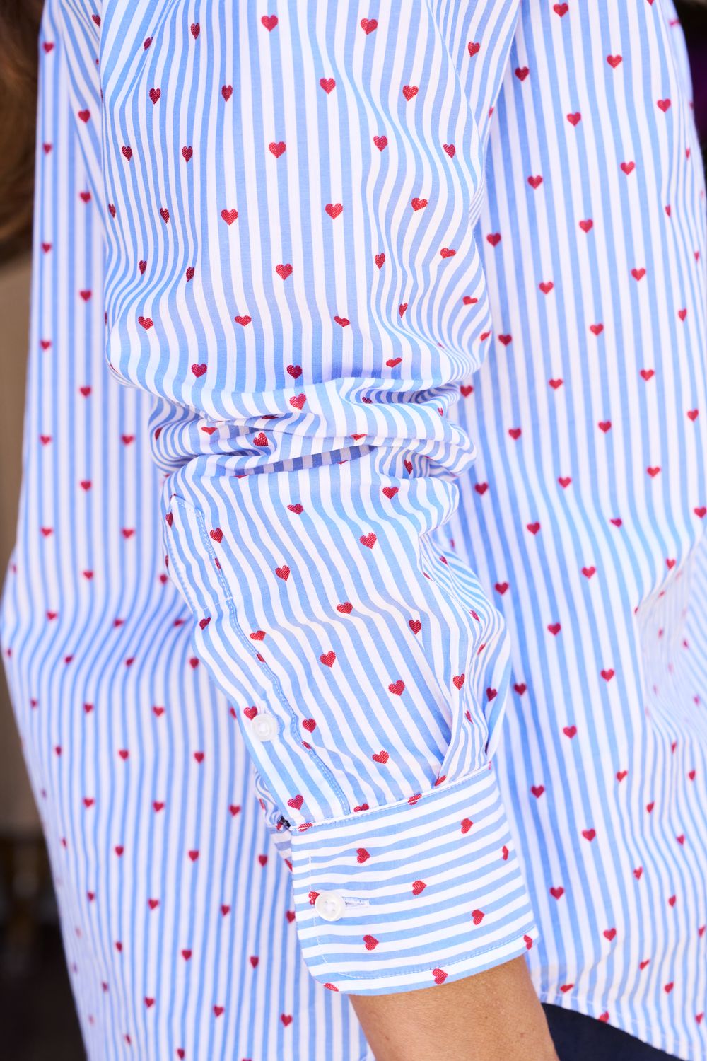 Frank &amp; Eileen Eileen Relaxed Button Up Shirt in  Blue Stripe w/ Red Hearts