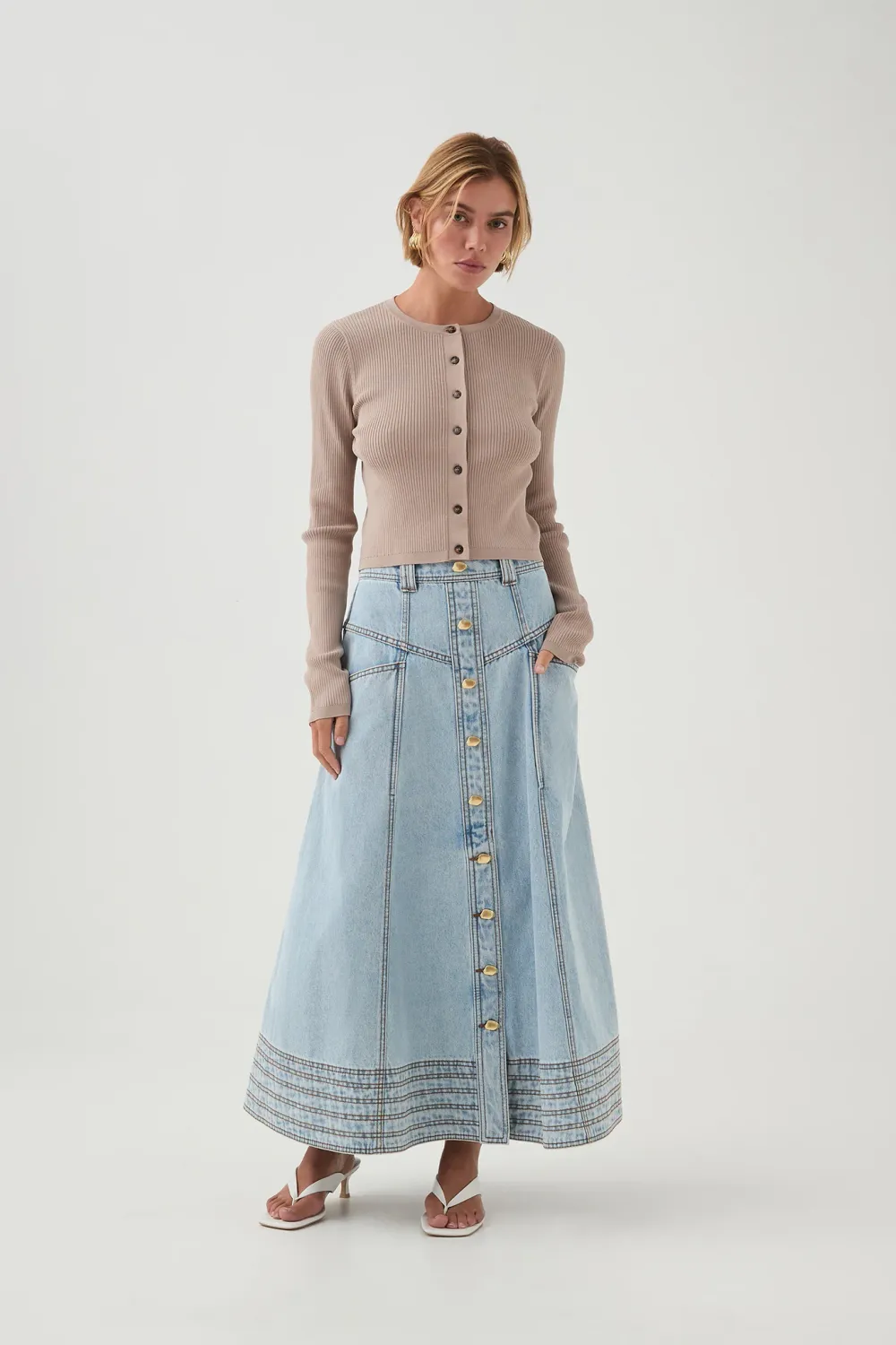 Aje Coast Denim Midi Skirt in Light Sky Wash