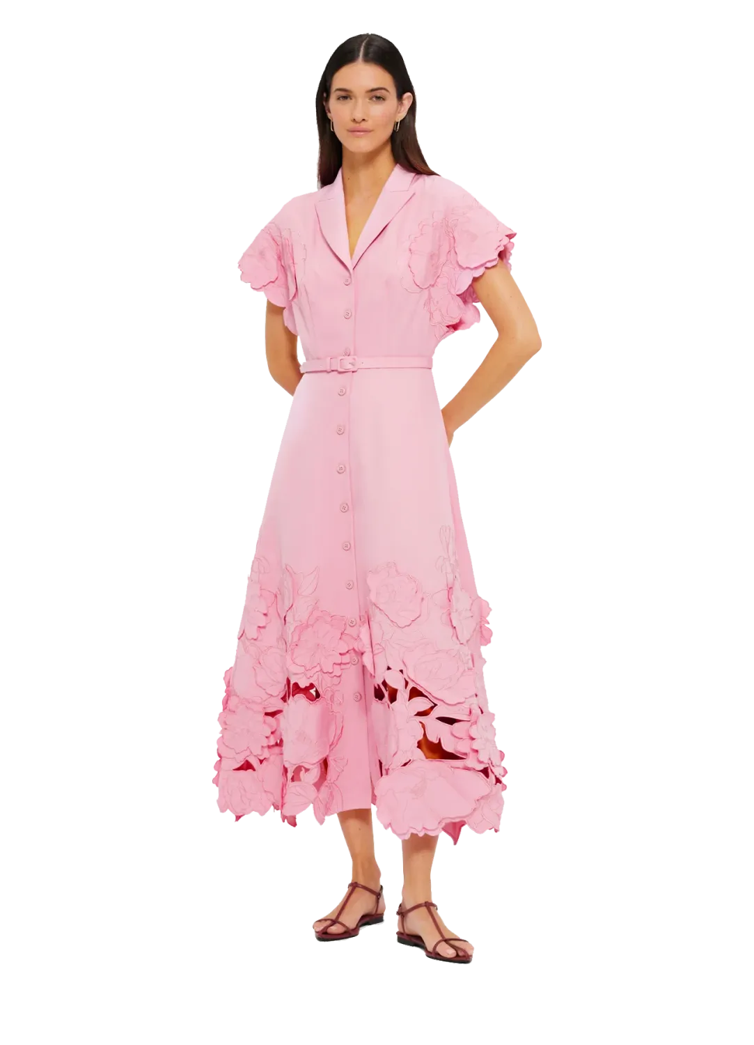 Leo Lin Aubrey Applique Shirt Midi Dress in Flamingo