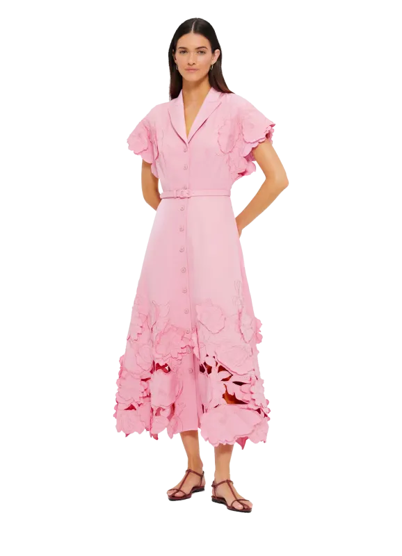 Leo Lin Aubrey Applique Shirt Midi Dress in Flamingo