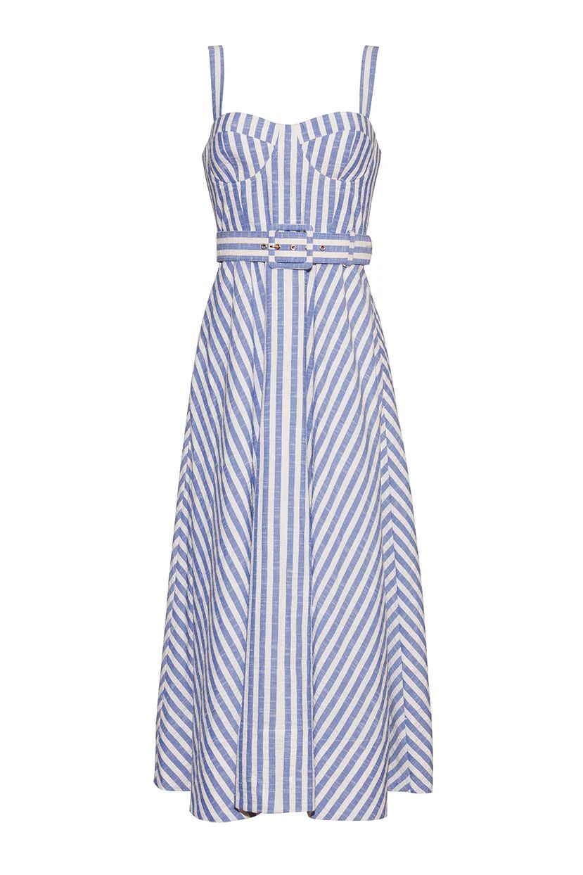 Cara Cara Calypso Dress in Ivory Blue Striped Seersucker