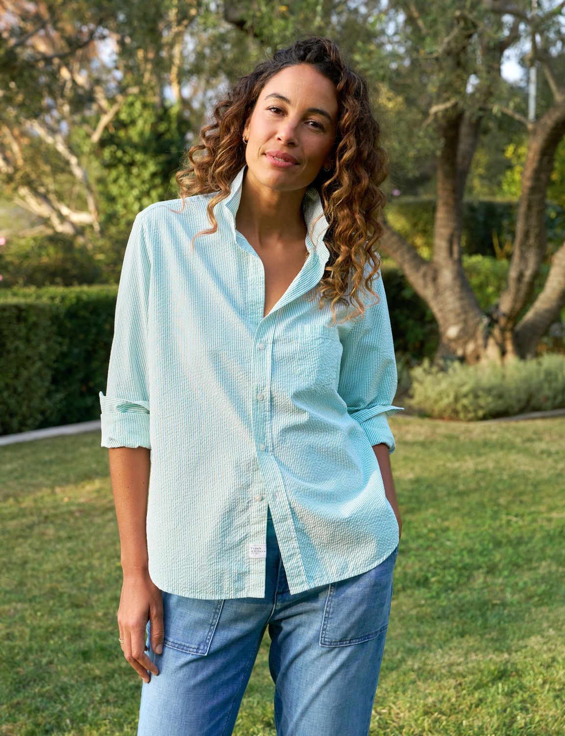 Frank &amp; Eileen Eileen Relaxed Button Up Shirt in Green Stripe