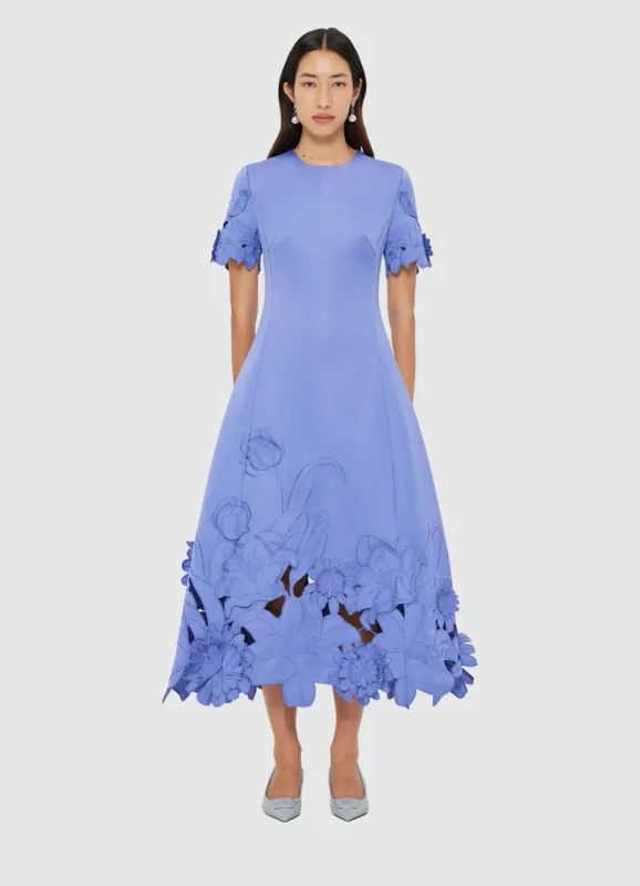 Leo Lin Caroline Applique Short Sleeve Midi Dress in Moonlight