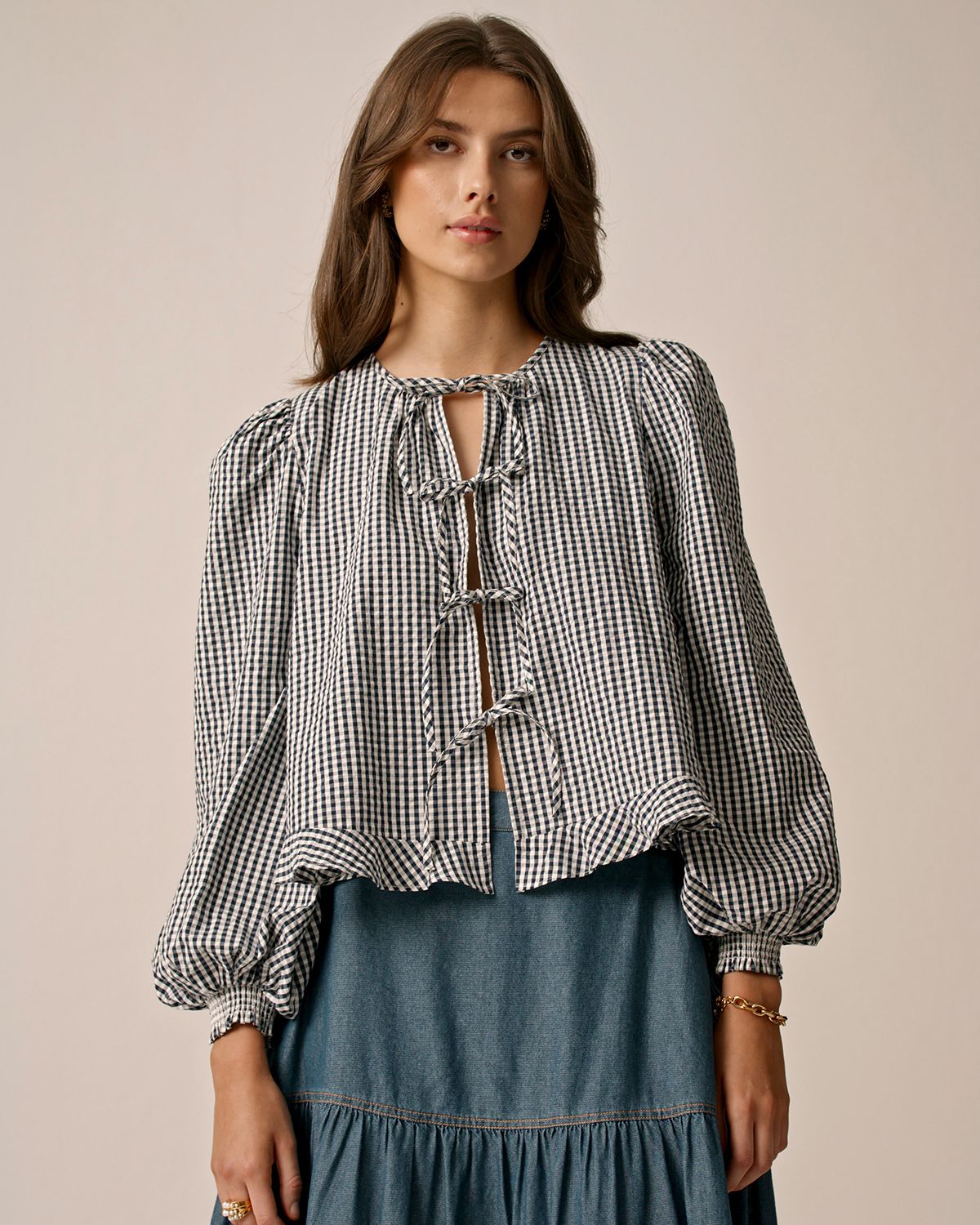 Bytimo Seersucker Bow Blouse in Navy Checks