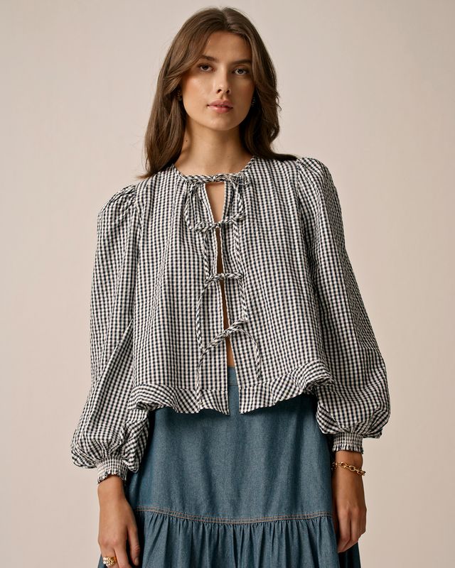 Bytimo Seersucker Bow Blouse in Navy Checks