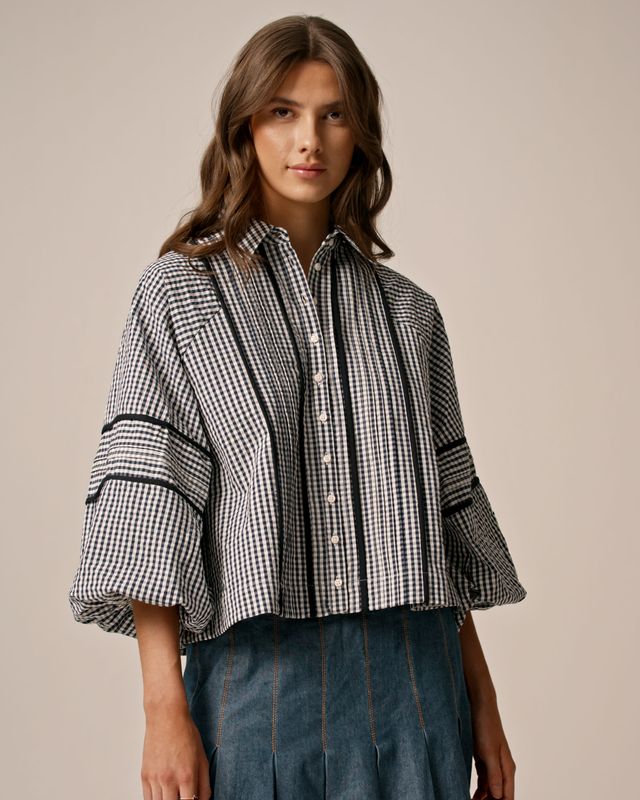 Bytimo Seersucker Decorated Blouse in Navy Checks