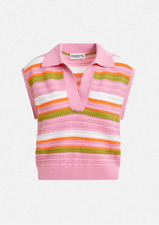 Essentiel Hantwerp Striped Knit Polo in Pure Pink