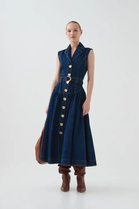Aje Elena Belted Denim Midi Dress in Dark Classic Wash