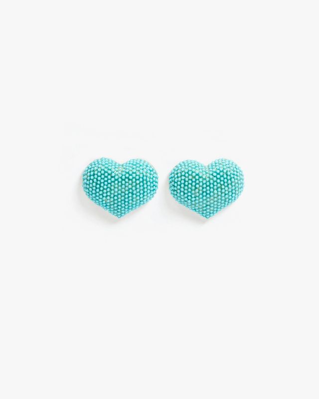 Clare V Beaded Heart Stud Earrings in Turquoise