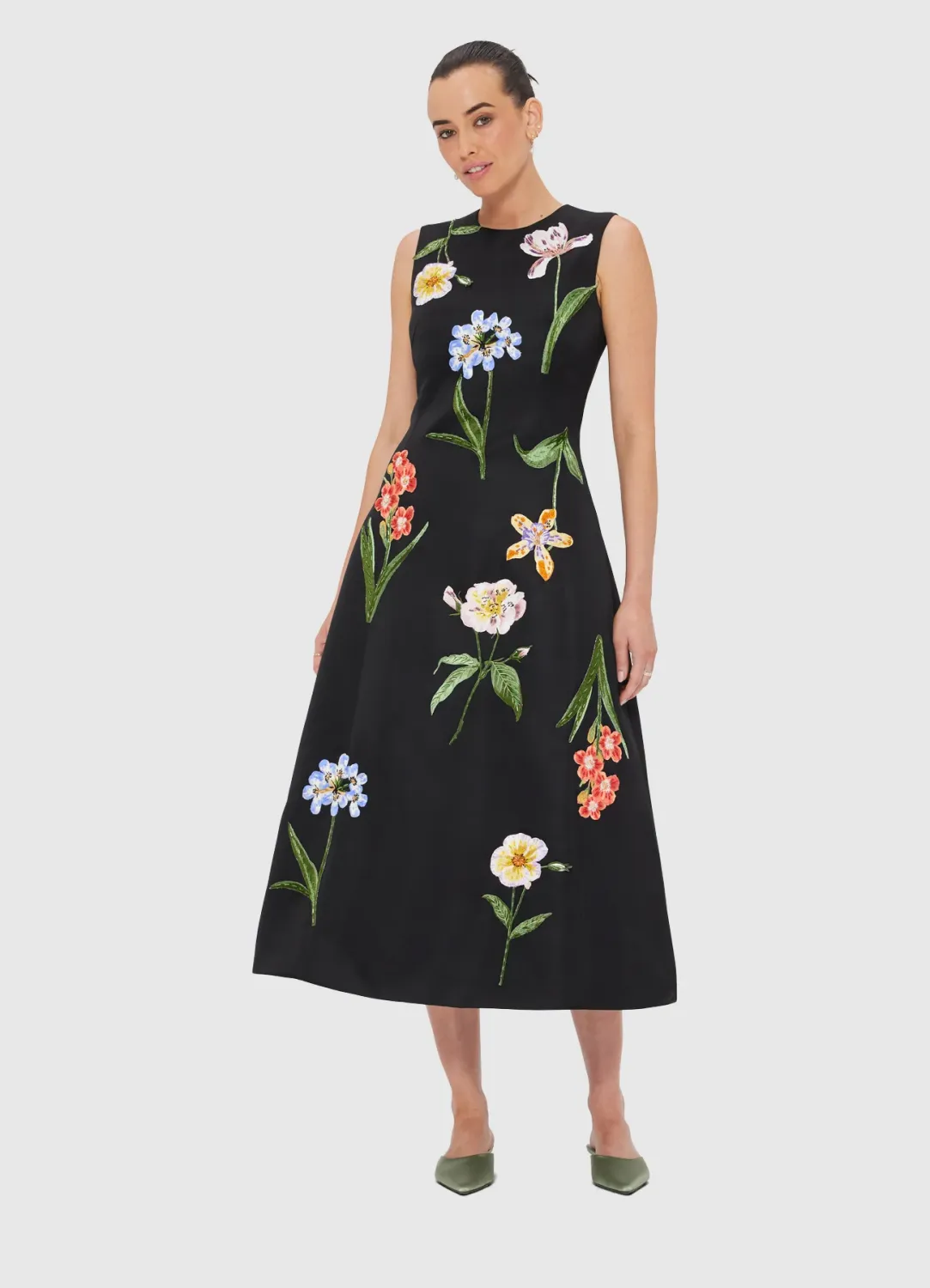 Leo Lin Cleo Embroidery Midi Dress in Botanical Print Ebony