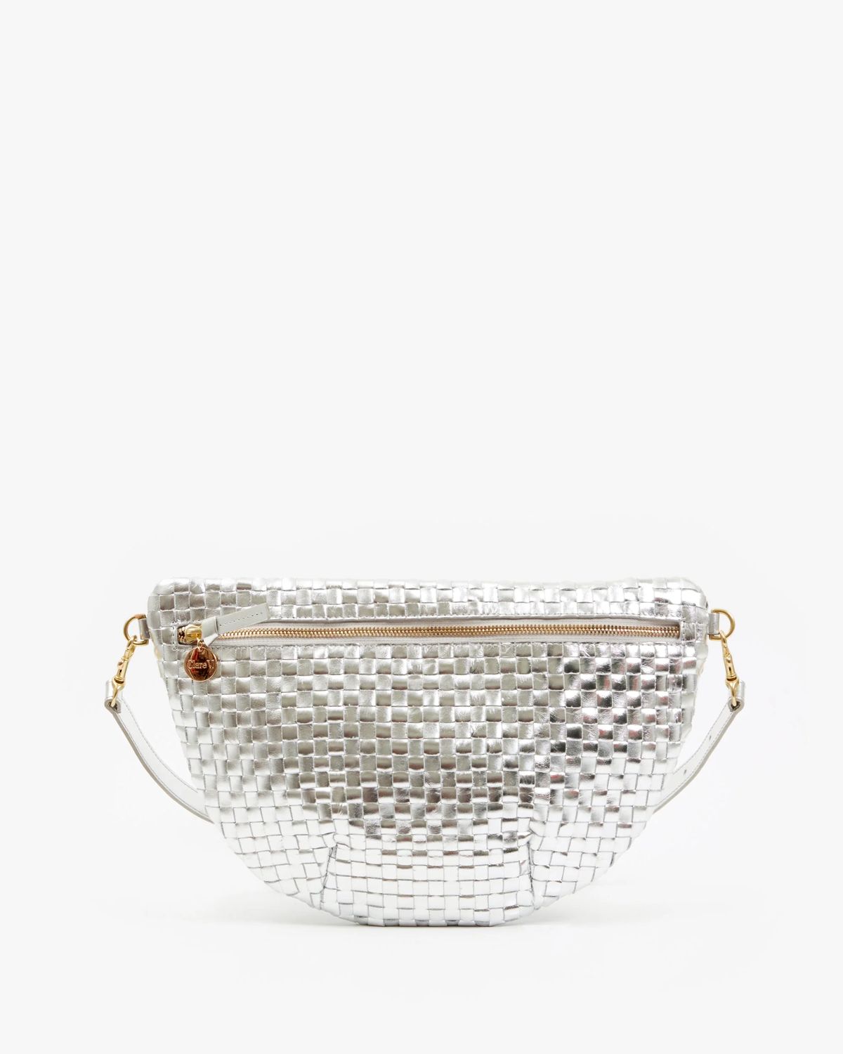 Clare V. Grande Fanny in Silver Specchio Woven Checker