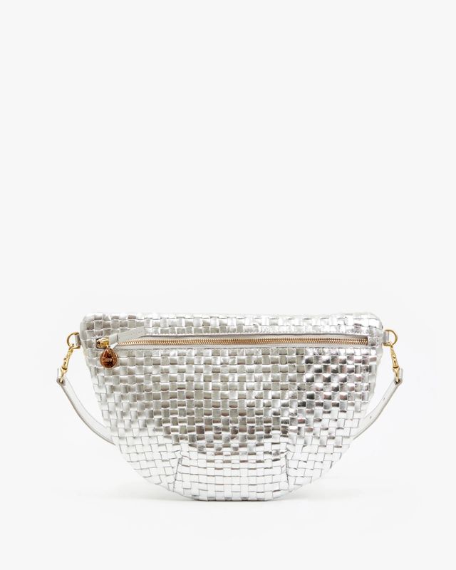 Clare V. Grande Fanny in Silver Specchio Woven Checker