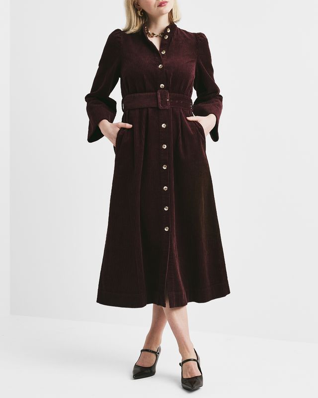 Bytimo Corduroy Belt Dress in Burgundy