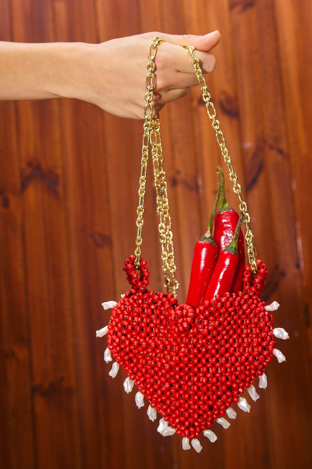 Alemais Carmelo Beaded Heart Bag in Tomato