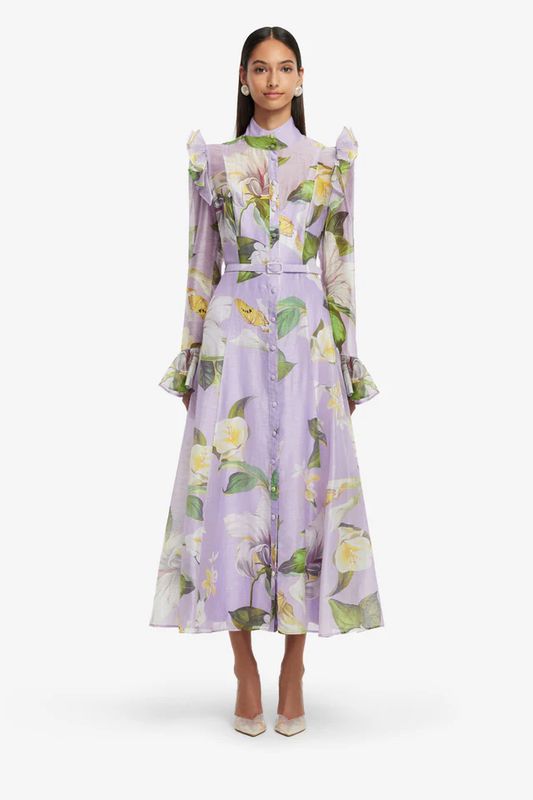 Leo Lin Katrina Butterfly Sleeve Midi Dress Lily Blossom Print in Lilac