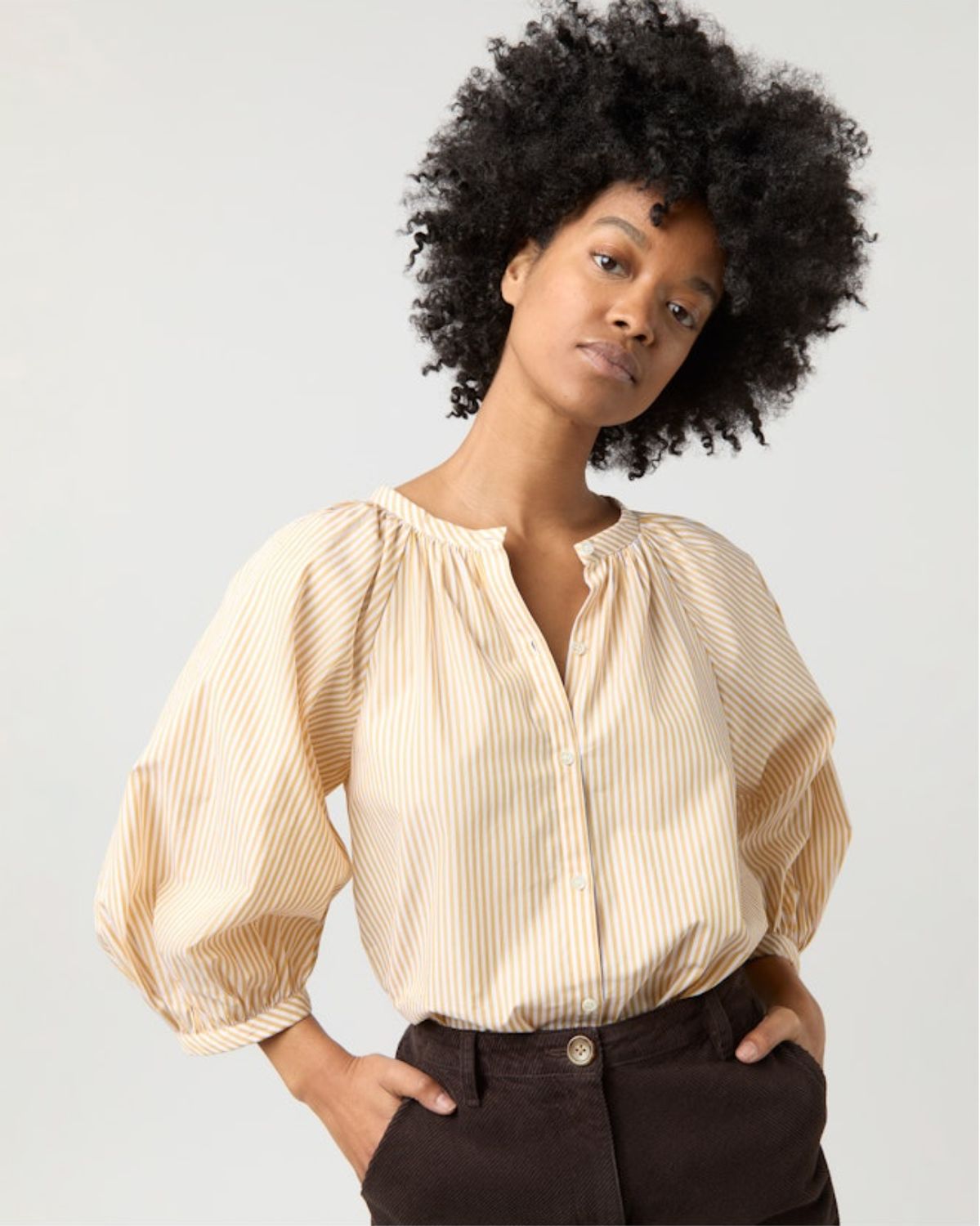 Ann Mashburn June Blouse in Gold/White Bengal Stripe Poplin