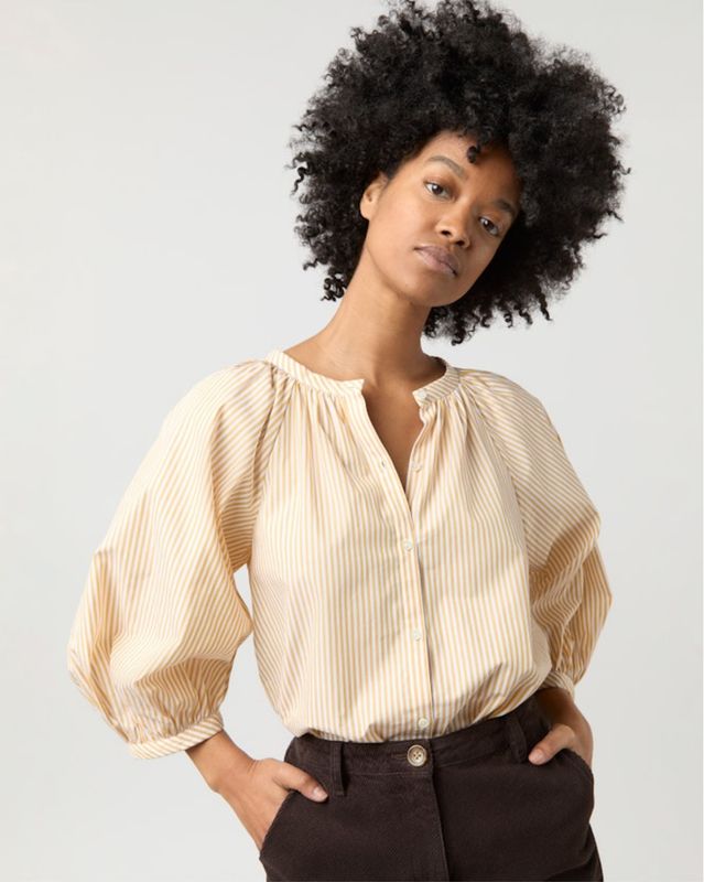 Ann Mashburn June Blouse in Gold/White Bengal Stripe Poplin