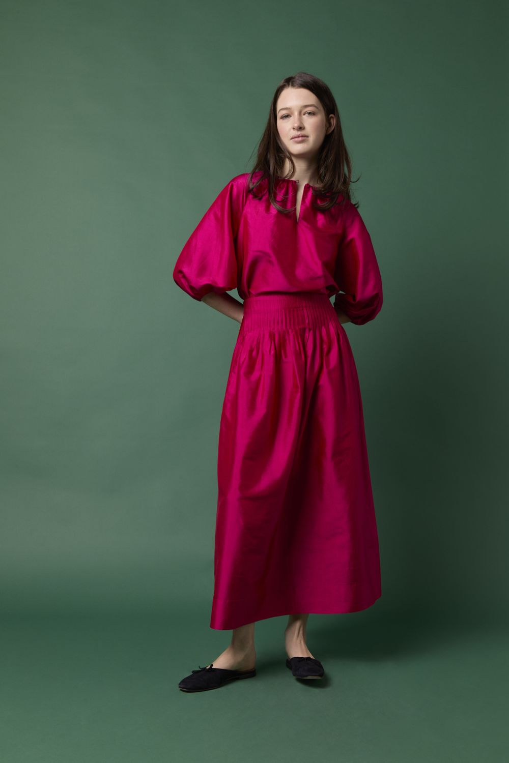 Ann Mashburn Adah Pintuck Skirt in Fuchsia Washed Silk Shantung