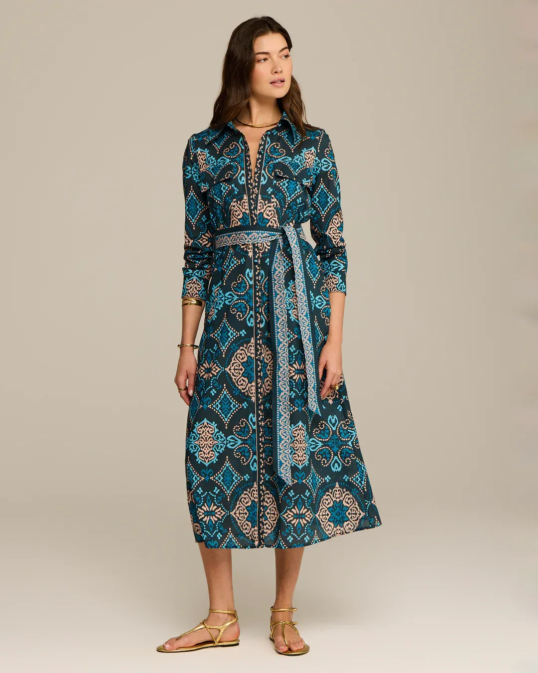 Figue Bassa Dress in Medallion Bands Peacock Blue