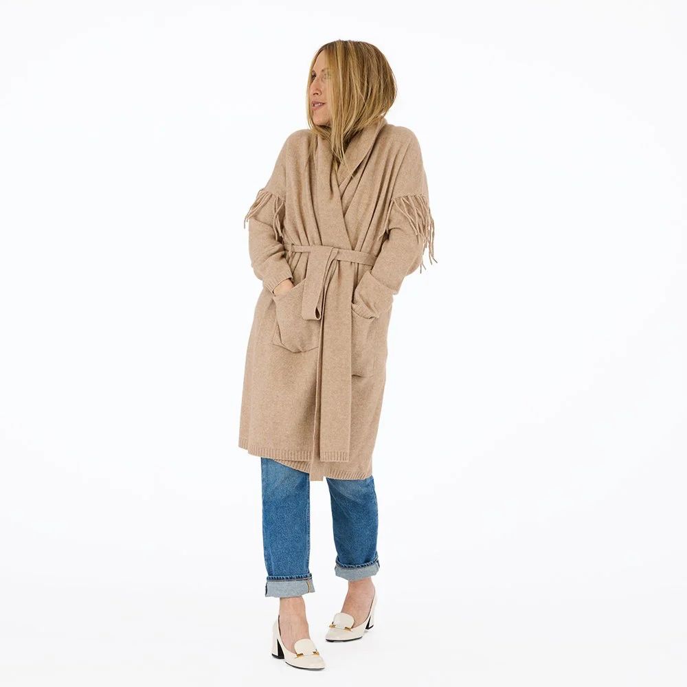 Kerri Rosenthal Cali Fringe Cardigan Coat in Camel