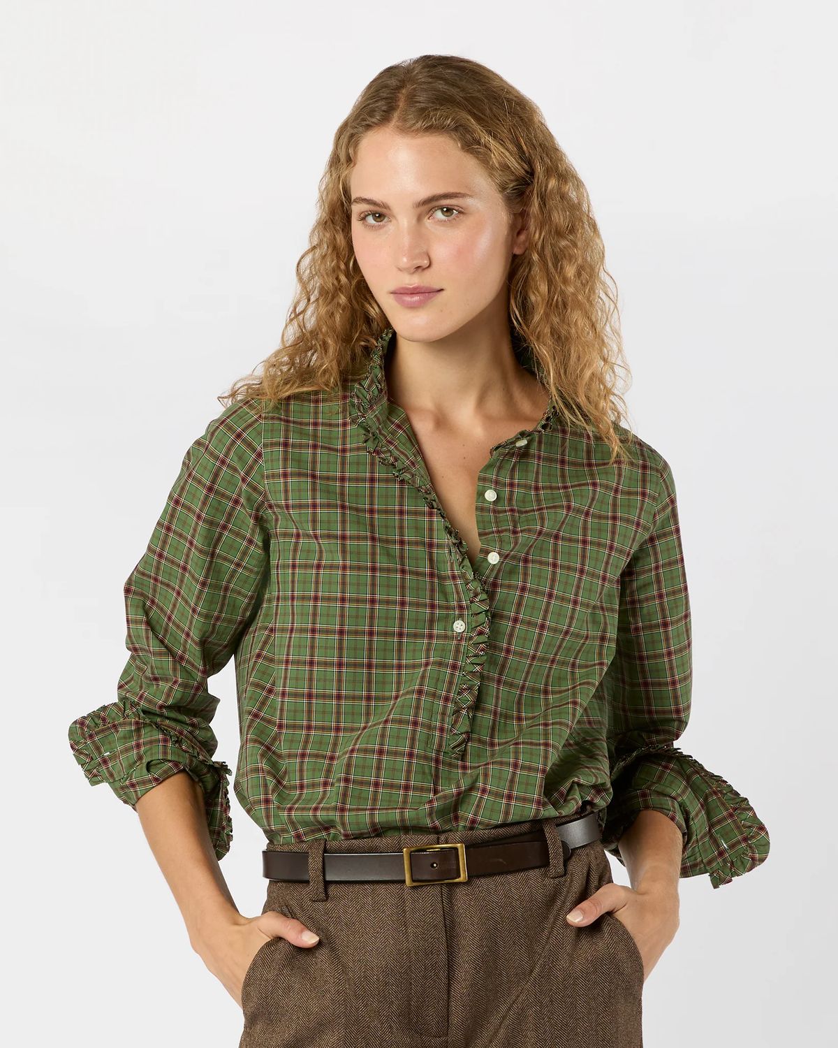 Ann Mashburn Frill Shirt in Green &amp; Red Plaid Poplin