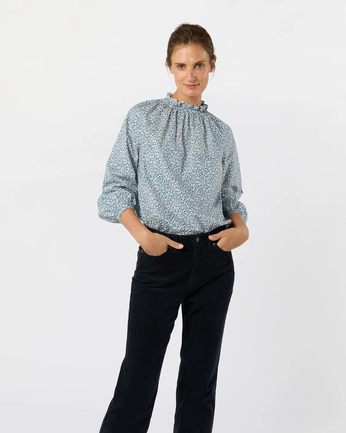 Ann Mashburn Kamille Blouson Top in Blue Feather Meadow