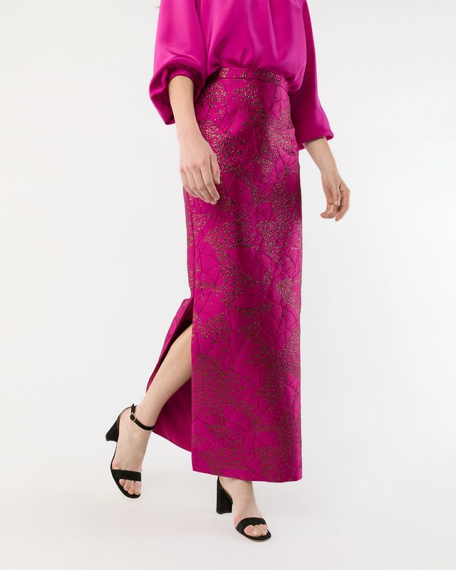 Ann Mashburn Long Pencil Skirt in Magenta/Bronze Floral Matelasse