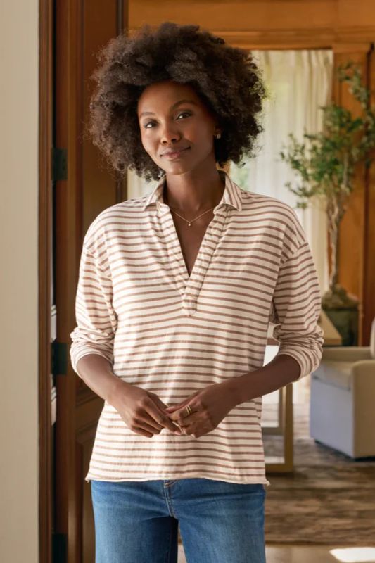 Frank &amp; Eileen Patrick Popover Henley in Vintage White and Camel Stripe