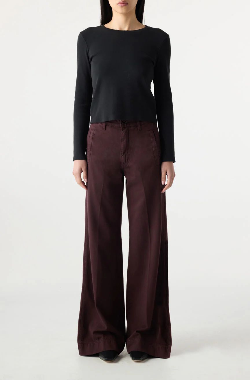Essentiel Frida High Rise Wide Flare Full Length Trouser in Aubergine