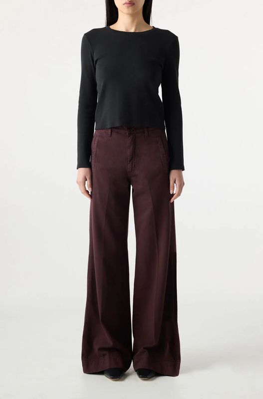 Essentiel Frida High Rise Wide Flare Full Length Trouser in Aubergine