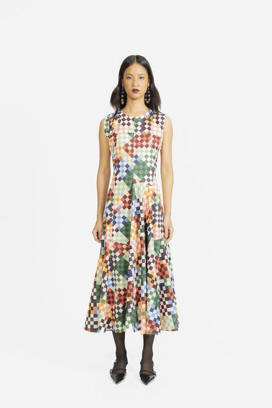 Love Birds Incut Dress in Multi Colour Harlequin Print