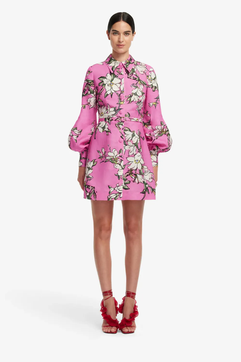 Leo Lin Luminous Linen Mini Dress in Pink Magnolia Print