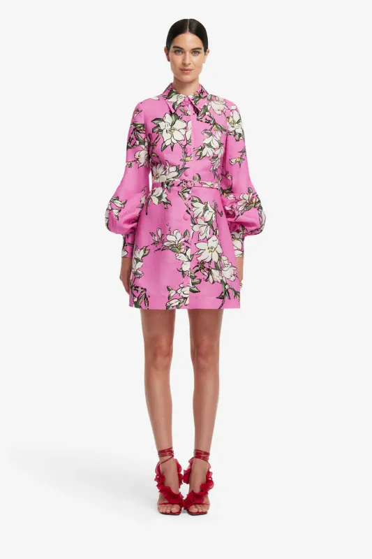 Leo Lin Luminous Linen Mini Dress in Pink Magnolia Print