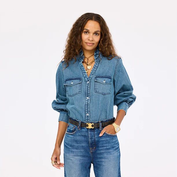 Kerri Rosenthal Puff Sleeve Denim Shirt in True Denim