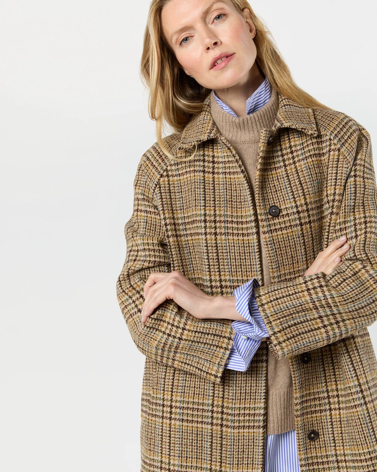 Ann Mashburn Balmacaan Coat in Brown/Sky Glen Plaid Tweed