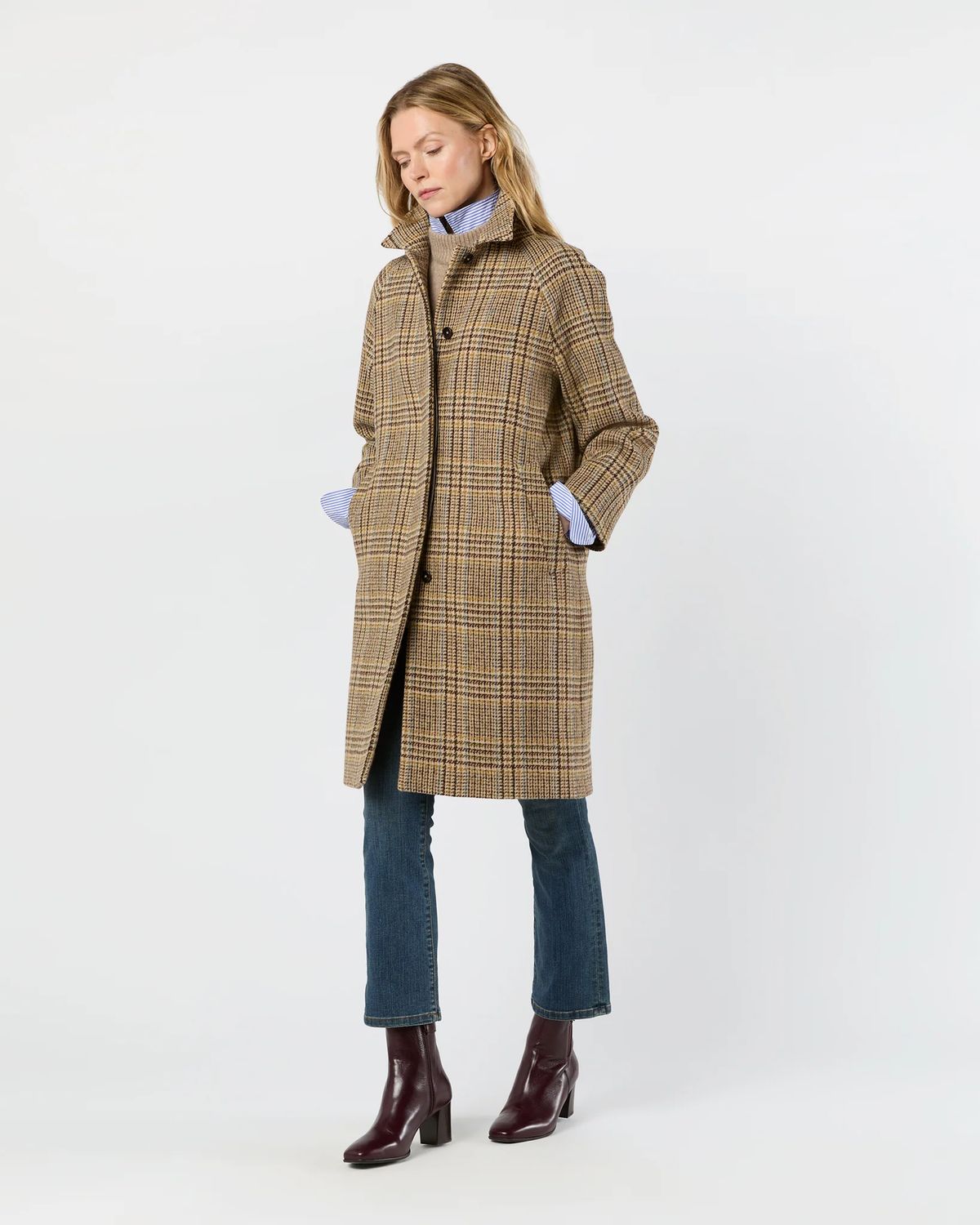 Ann Mashburn Balmacaan Coat in Brown/Sky Glen Plaid Tweed
